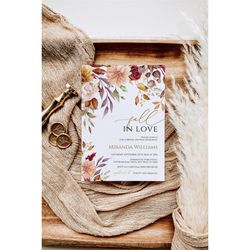 Fall in Love Bridal Shower Invitation, Autumn Printable EDITABLE Template, Boho Red & Pink Floral Brunch Invite, Bohemia