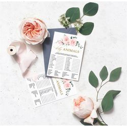 blush pink flowers baby animals game, editable, printable floral baby brunch activities, boho shower template, name the