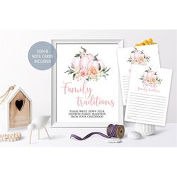 Pumpkin Family Traditions Sign and Note Cards, Floral Blush Pink Rose Share Your Favorite Traditions, Fall Autumn Write