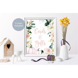 pumpkin cards and gifts sign, blush pink floral printable baby shower template, fall autumn bridal brunch cards & gifts,
