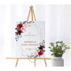 Marsala & Blush Pink Floral Welcome Sign, EDITABLE Template, Boho Baby Shower, Burgundy Flowers Bridal Sign, Printable L