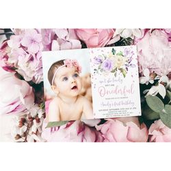 lavender cream baby's first birthday party invitation, editable template, printable photo 1st birthday, rose gold floral