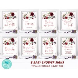 Marsala & Rose Gold Baby Shower Sign Pack, Editable Custom Sign Bundle, Printable Watercolor Sprinkle Tea Sign 8x10, INS