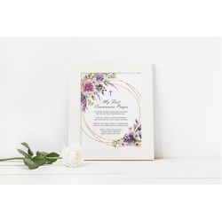 First Communion Prayer Sign, EDITABLE Lavender Floral Printable Girl Communion Template, Personalized Prayer Card, Gold