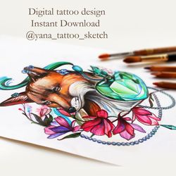 Fox Tattoo Design for Woman Color Fox Tattoo Sketch Ideas, Instant download JPG, PNG