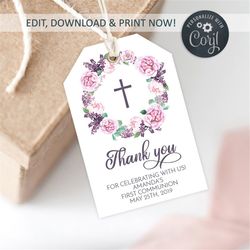 First Communion Thank You Favor Tag Template, EDITABLE, Peonies Floral Thank You Tag Printable, 2x3', Lavender Flowers F