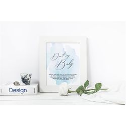 blue watercolor don't say baby game sign, printable modern shower activities, calligraphy boy brunch decorations, simple