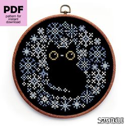 Winter cat and snowflakes cross stitch pattern PDF, easy Christmas ornament, modern cross stitch pattenr for beginners