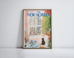 cat room window painting, new yorker print, wall art, soft tone poster, new yorker poster, home decor, new york cityscap