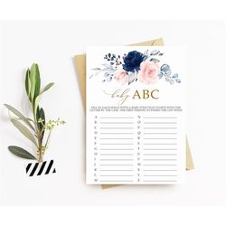 Blush Pink & Navy Floral Baby ABC Game, EDITABLE Template, Printable Girl Brunch Activities, Boho Frame Shower, Blue Ros