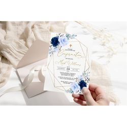 Navy Blue & Gold Floral Confirmation Invitation, EDITABLE Template, Boho Floral Printable Confirmation Invite, Gold Glit