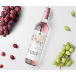 Blush Pink Floral Wine Label, 100 EDITABLE, Boho Printable Girl Baby Shower Template, Rose Bridal Brunch Gift Wine Tag,