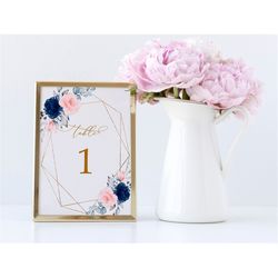 Blush Pink & Navy Floral Table Numbers, EDITABLE Template, Printable Boho Rose Flower Seating, Gold Frame Bridal Brunch,