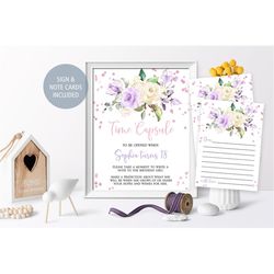 Lavender Cream Time Capsule Sign and with Matching Printable Message Cards, EDITABLE, Floral First Birthday Time Capsule