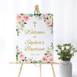Floral Baptism Welcome Sign, EDITABLE, Blush Pink and Gold Christening Poster, Boho Printable Template, Girl Communion,