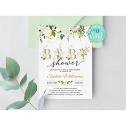 editable white flowers baby shower invitation template, gold glitter printable baby brunch invite, greenery neutral card
