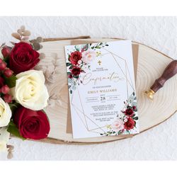 Marsala & Blush Pink Confirmation Invitation, EDITABLE Template, Boho Floral Girl Printable Confirmation Invite, Gold Fr