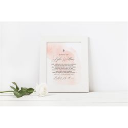 Baptism Prayer Sign for a Girl, 100 Editable Template, Personalized Prayer Card, Pink Watercolor Printable Christening,