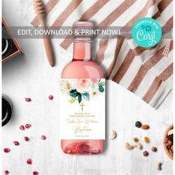 Editable Floral Baptism Mini Wine Label, Printable Thank You Mini Wine Label Template, Pink Rose Flowers & Gold First Co