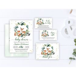 Woodland Baby Shower Invitation Set, EDITABLE Template, Printable Green Wreath Invite, Couples, Greenery Boy Brunch Card