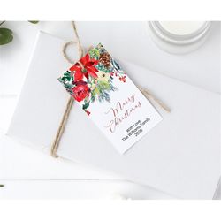 Rustic Christmas Gift Tag Template, EDITABLE, Printable Red Flowers Tags, Personalized Holiday Gifts Tags, DIY Feast, In