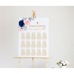 Blush Pink & Navy Floral Baptism Seating Chart, EDITABLE Template, Table Poster, DIY Boho Printable Template, Blue Rose