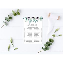 Eucalyptus & Anemone Would She Rather Shower Game, EDITABLE, Printable Floral Template, Greenery Brunch Activities, Leav