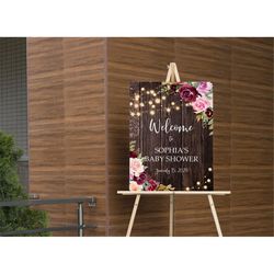 rustic floral welcome sign, editable, printable baby shower template, wood & marsala bridal brunch, large birthday poste