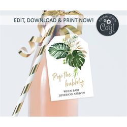 Tropical Baby Shower Wine Tags Template, Greenery - 100 Editable Champagne Bottle Tag, 2x3', Printable Pop the Bubbly Ta