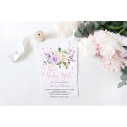 lavender cream sweet baby girl shower invitation, editable template, boho floral printable invite, rose gold confetti, w