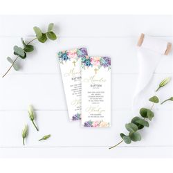 Succulent Baptism Bookmark Template, EDITABLE, Blush Pink Floral Bookmark Keepsake, Printable Christening Favors, Girl,