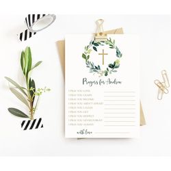 greenery prayers for baby note cards, 100 editable template, eucalyptus baby shower advice card, baptism, green and gold