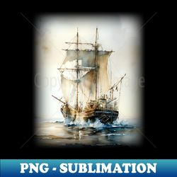 Watercolor Nautical Ship Coastal in the Ocean Seascape Painting - Retro PNG Sublimation Digital Download - Create with Confidence