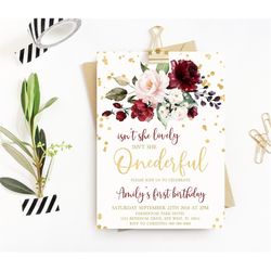 Marsala & Gold Baby's First Birthday Party Invitation, 100 EDITABLE, Printable 1st Birthday Invite Template, Floral Isn'