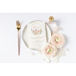 Blush Pink Menu Template, 100 Editable, Printable Floral Card, Gold Glitter Baby Shower, Bridal, Wedding, Birthday Party