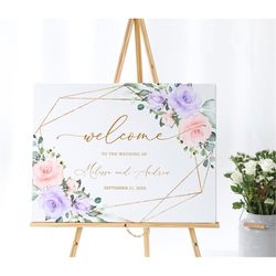 Blush Pink & Violet Flowers Wedding Welcome Sign, EDITABLE Template, Printable Boho Welcome Poster, Gold Frame Calligrap