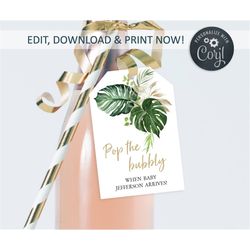 tropical baby shower wine tags template, greenery - 100 editable champagne bottle tag, 2x3', printable pop the bubbly ta