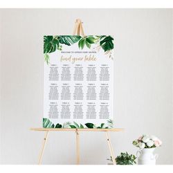 Tropical Seating Chart, EDITABLE, Table Poster, Greenery DIY Printable Template, Green Leaf Large Wedding Seating Plan,