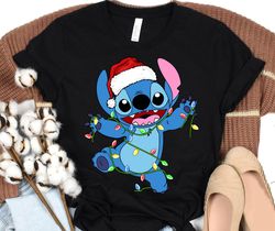 Disney Stitch Christmas Lilo And Stitch Santa Hat Christmas Light Disney Holiday Costume Shirt, Disneyland Christmas Mat