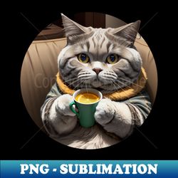 Tabby cat with cup of tea - Instant PNG Sublimation Download - Perfect for Creative Projects