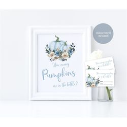 Blue Flowers How Many Pumpkins are in the Bottle Game, Printable Baby Shower Game Sign and Answer Card, Ivory Floral, Fa