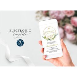 White Flowers First Holy Communion Electronic Invitation Template, Editable Digital Download, Confirmation, Gold, Text M