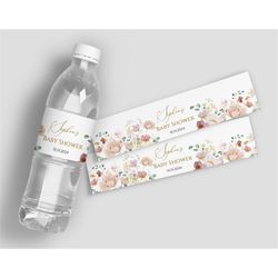 editable wildflower bottle label, red & pink flowers water labels printable baby shower template, custom water bottle la