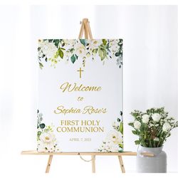 White Flowers Welcome Sign, EDITABLE Template, First Holy Communion Floral Large Poster, Rose & Greenery Baptism Sign, P