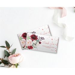 Marsala & Rose Gold Chocolate Bar Wrapper, EDITABLE Template, Printable Floral Candy Bar Wrapper, Burgundy Flowers Girl
