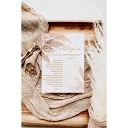 Pampas Grass Scattergories Shower Game, EDITABLE, Printable Blush Pink Flowers Template, Bohemian & Gold Glitter Bridal