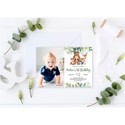 Woodland Baby's First Birthday Invitation, EDITABLE Template, Printable 1st Birthday Invite with Photo, Floral, Animals,
