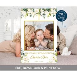 EDITABLE First Holy Communion Photo Booth Frame, White Flowers Baptism Selfie Frame, Greenery Decoration, Baby Christeni