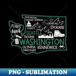 Washington Seattle cute map Tacoma Kennewick Forks Spokane - Professional Sublimation Digital Download - Capture Imagination with Every Detail