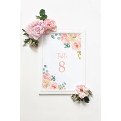 Blush Pink Table Numbers, EDITABLE Template, Printable Boho Floral Seating Cards, Wedding, Bridal Brunch, Pink & Gold Fl